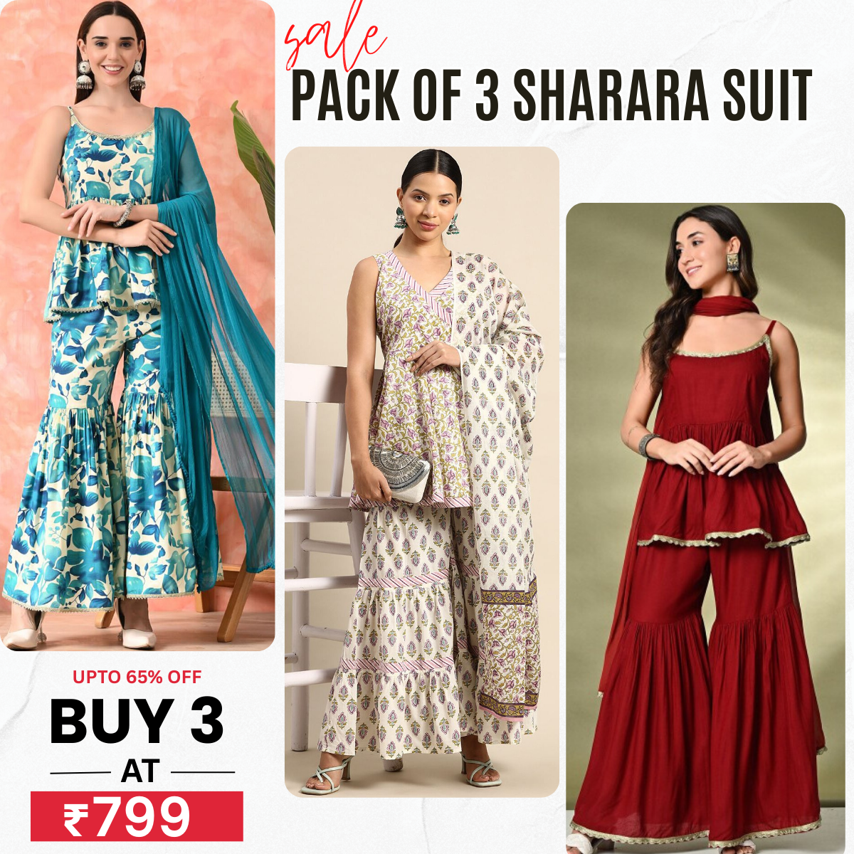 3-Piece Cotton Sharara Set with Dupatta for Women – Soft, Comfortable & Stylish Combo Pack | SD-01