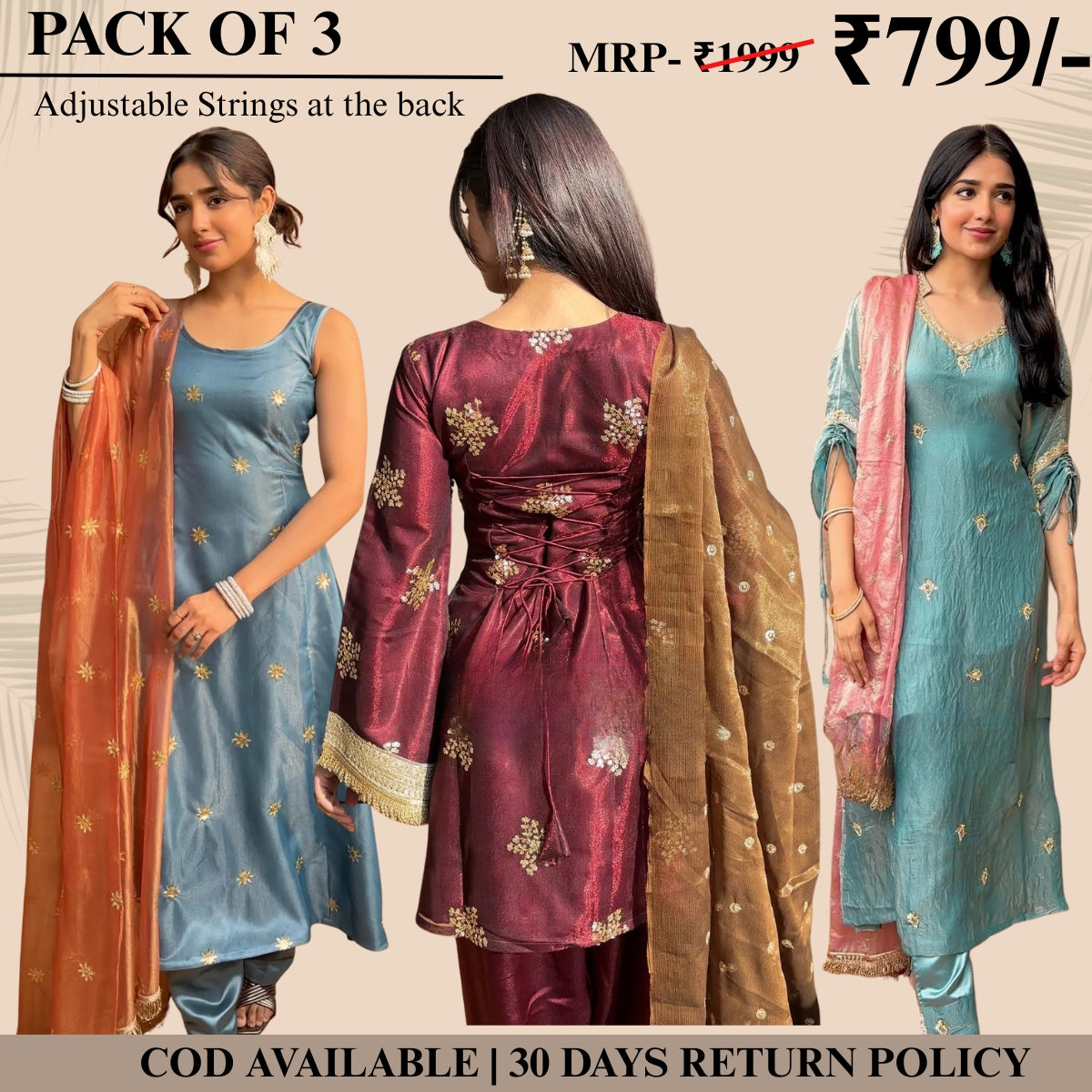 Embrace Elegance with Our 3-Piece Adjustable Kurti, Pant & Dupatta Set | PACK OF 3 | AK-01