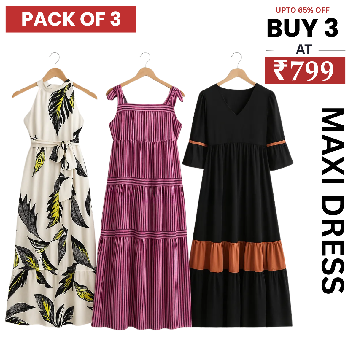 Women’s 3 Combo Maxi Dress Collection – Soft Wear Comfort & Style | MD-07
