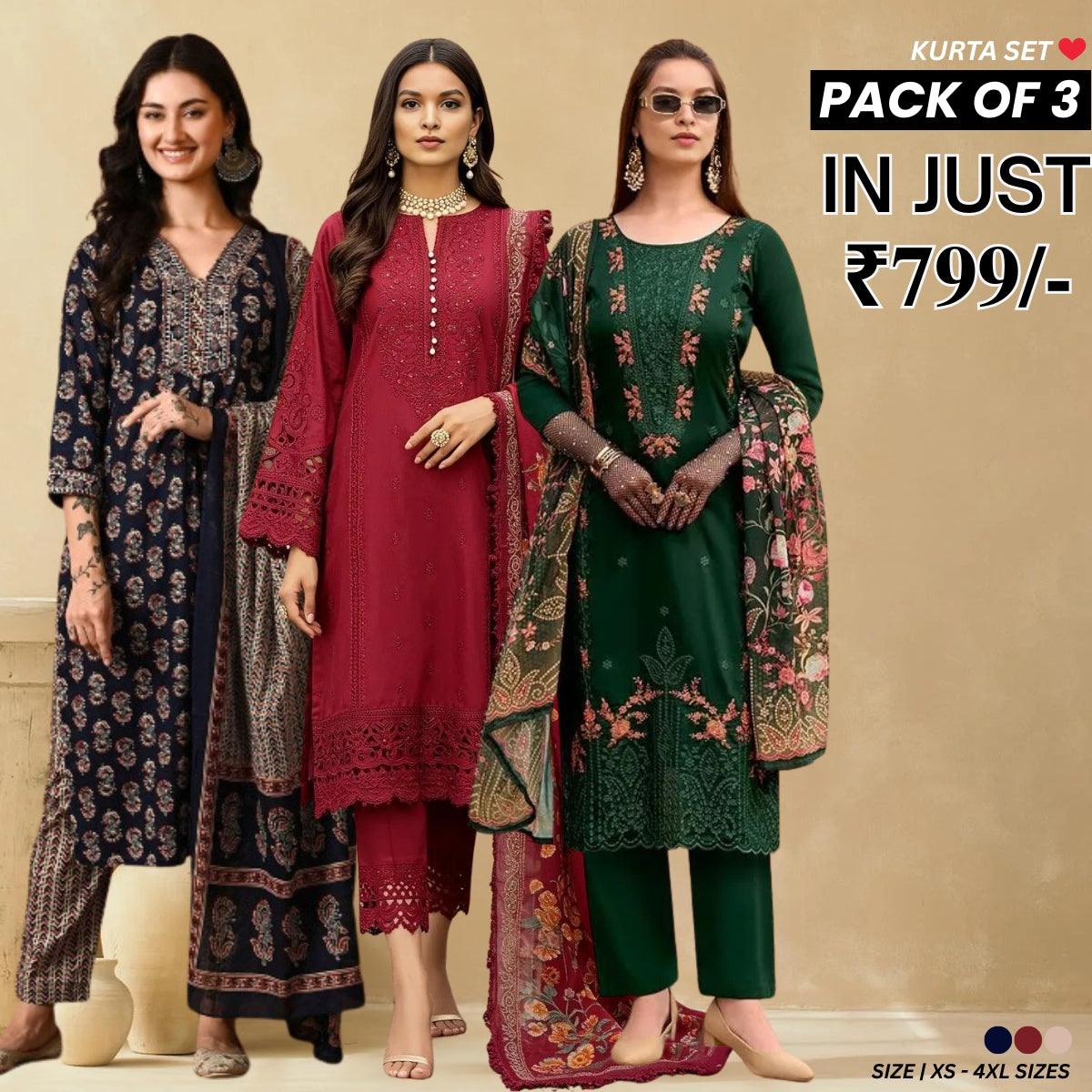 Designer Women’s 3 Piece Kurta Set for Casual & Festive Wear | FW-03