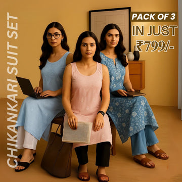 Pack of 3 |Chikankari Suit Sets with Dupatta | Traditional Ethnic Wear for Women | CSC-04